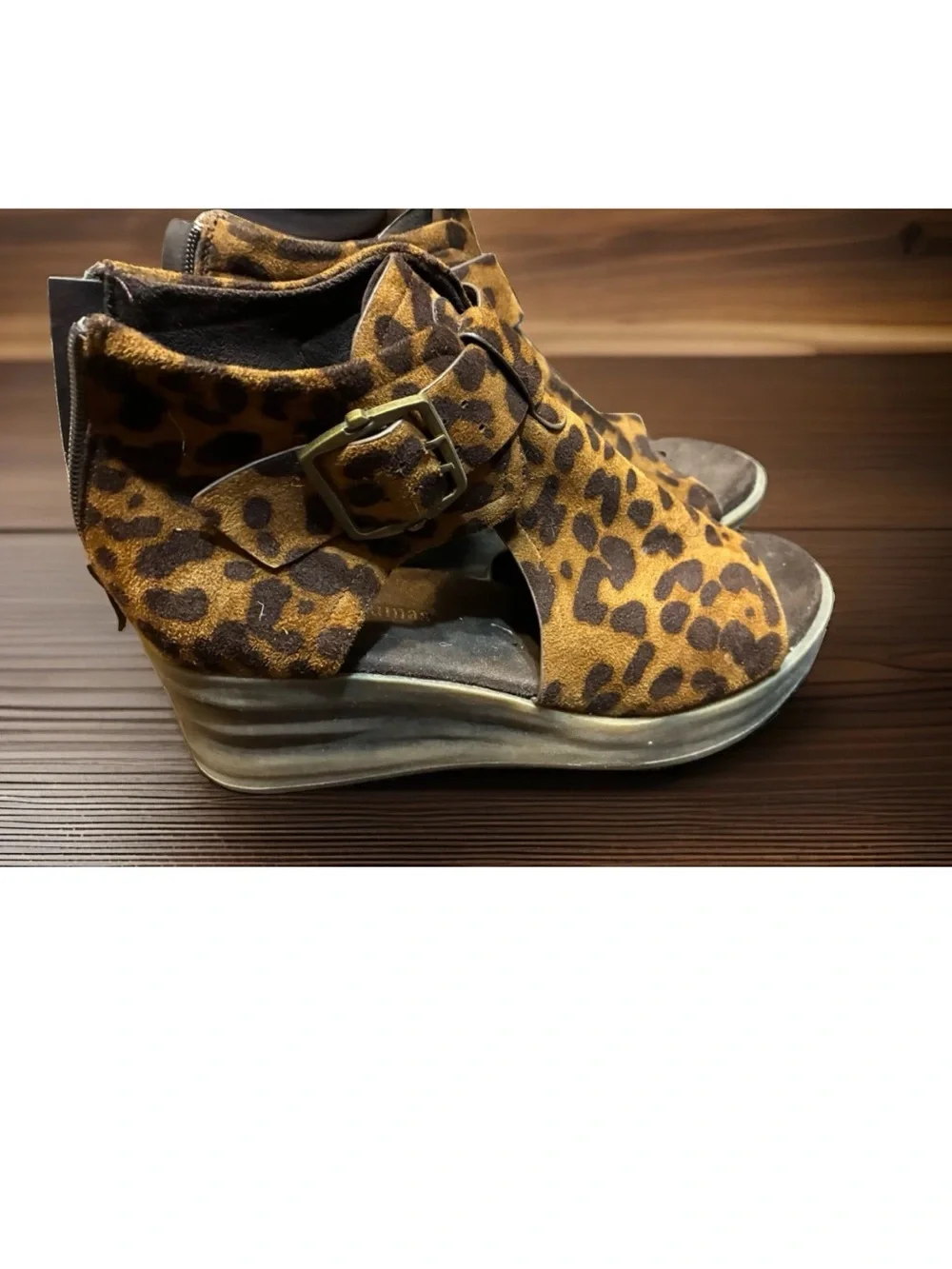Pierre Dumas Leopard Print Wedge Sandals in Tan and Black